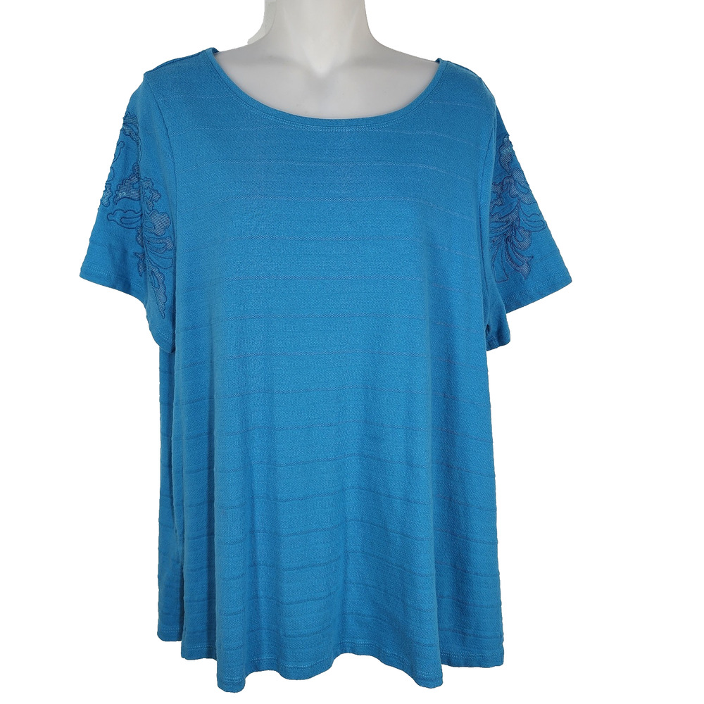 Soft Surroundings Top Large Ventana Tee Short Sleeve Embroidered Mesh Cut Out